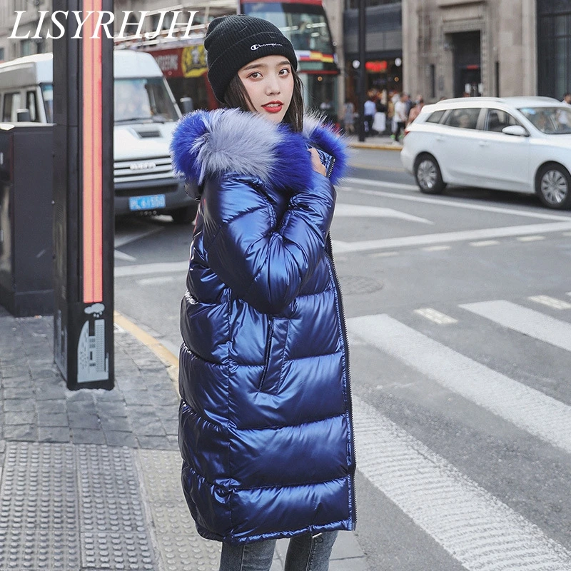 Высокое качество зимняя куртка женская теплая утепленная с капюшоном с меховым длинным пальто блестящая ткань стильная женская парка - Цвет: Синий