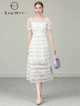 

SEQINYY White Dress 2020 Summer Spring New Fashion Design Women Short Sleeve Lace Hollow out Elegant Midi Dress