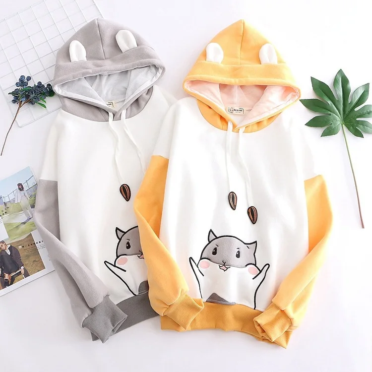 Осень Зима японский стиль Kawaii Теплые Кофты для женщин милый мультфильм Хомяк печати толстовки с капюшоном студентов Сладкий хит цвет Топы
