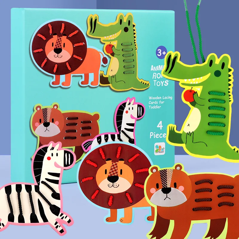 

Button threading Puzzle Board Game ,animal Buttons lacing Toy, wearing rope threading Montessori Sensory Early Educational toys