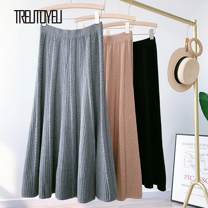 

Treutoyeu Autumn Winter Elegant Striped Knitted Skirts for Women High Waist A Line Maxi Long Skirt faldas mujer moda 2020