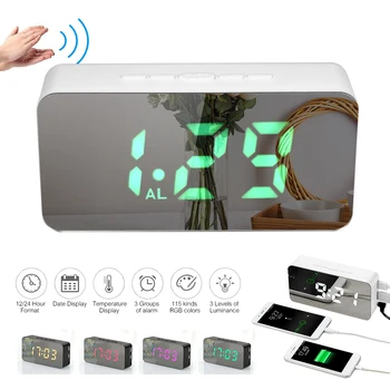 

LED Mirror Alarm Clock Digital Snooze Table Clock Wake Up Light Electronic Large Time Temperature with USB Charging Function