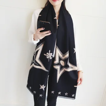 

Chanycore Oblique grid five-pointed star Winter scarf cashmere pashmina women scarfs warm thick shawl hijab poncho for ladies