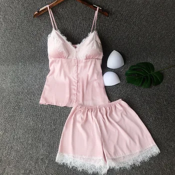 

Women Girl Sexy Summer Lace Lingerie Pajamas Sleepwear Sleeveless Satin Cami Top + Shorts Sets Suit Nightwear With Chest Pad