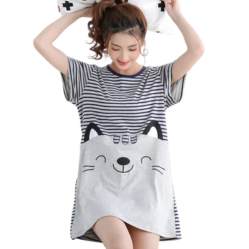 Summer Knitted Cotton Women Nightgown Short Sleeve Cartoon Sweet Soft Female Nightdress Loose M-5XL Girls Nightwear