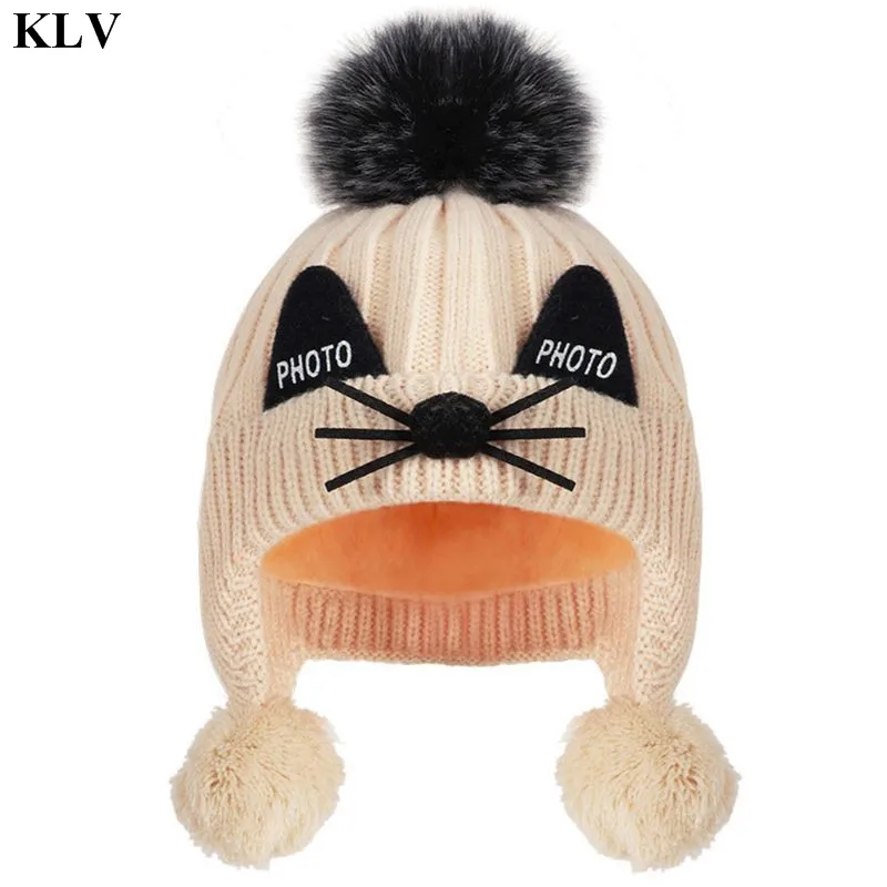 Beige KLV-зима, вязанная шапка-ушанка с толстой плюшевой подкладкой для малышей, милые Мультяшные кошачьи уши, помпон, шапка для малышей - Color: Beige