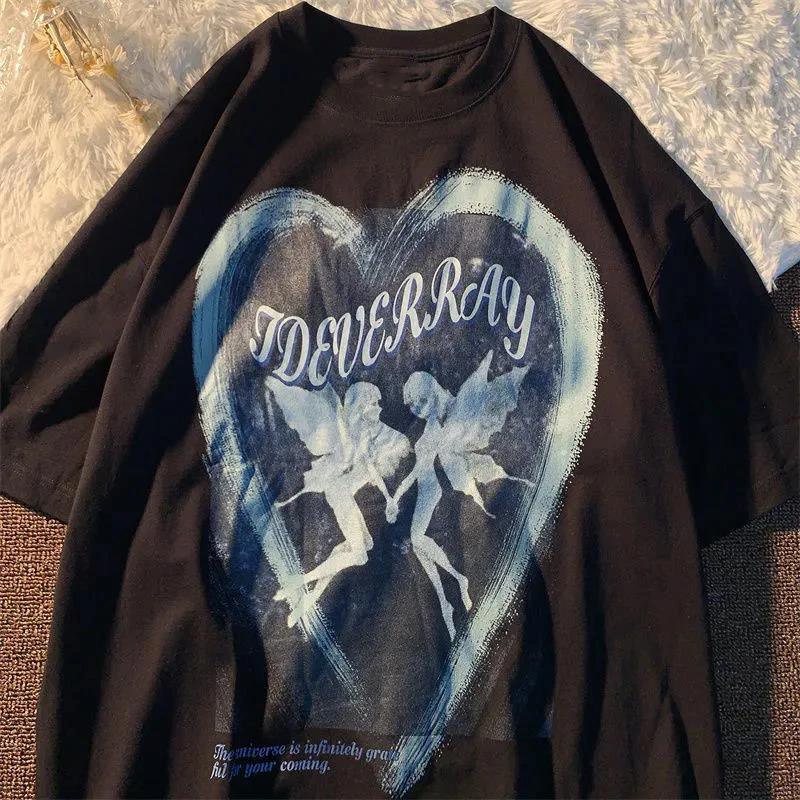 Yangelo 2022 New Butterfly Fairy Grunge Print T-shirt Punk Goth Hip Hop Rock Y2K Round Neck Casual Summer Coat Streetwear | Женская