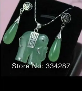 

Beautiful! green jade elephant Jewellery necklace Pendant earring Set
