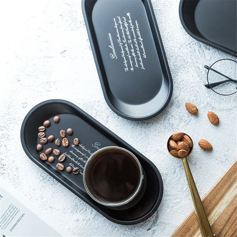 Stainless Steel Black Tea Tray Plate Dessert Cake Fruit Dish Letter Plates Cosmetics Storage Trays Jewelry Display Home Decor stainless steel plates