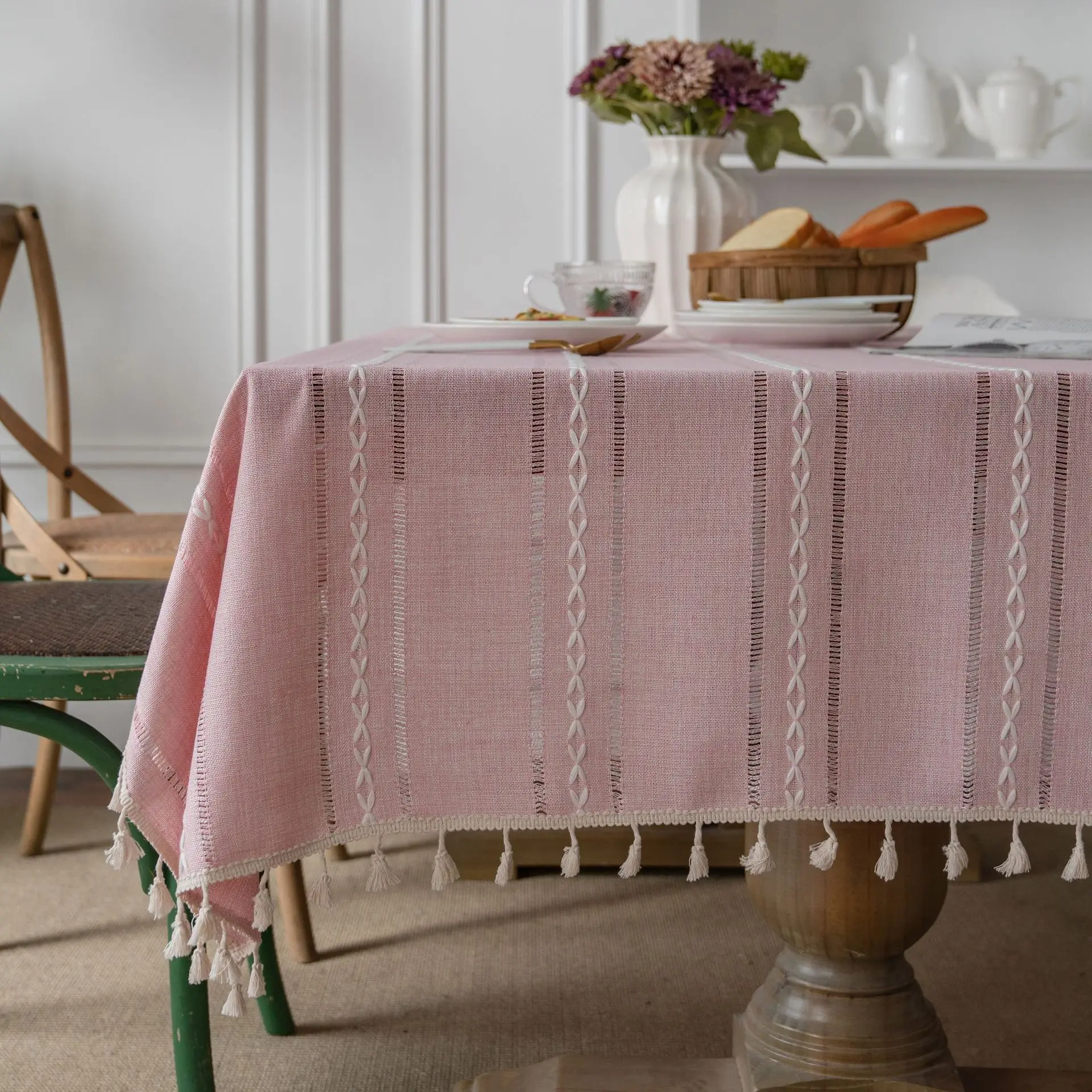 Pink Striped Elegant Table Tablecloths Tassel Rectangular Linen