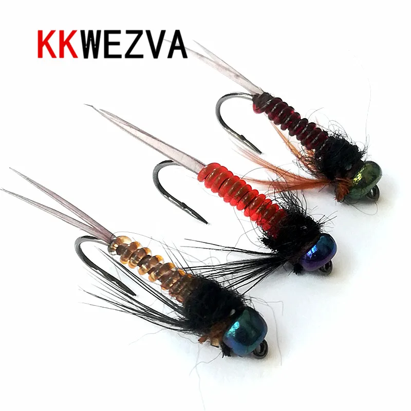 KKWEZVA 18 шт. цветная головка быстро Тонущая Nymph Scud муха жучок червь для ловли форели
