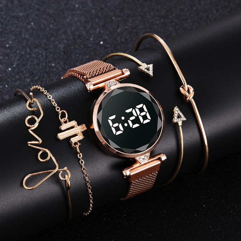 5pcs Set Bracelet Watch Women Luxury Digital Magnet Rose Gold Stainless Steel Led Quartz Watches Relogio Feminino Dropshipping ladies crystal bracelet watches