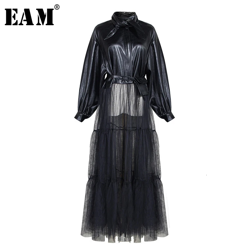 [EAM] Свободная черная длинная куртка из искусственной кожи большого размера с сеткой, новая женская куртка с отворотом и длинным рукавом, модное осенне-зимнее пальто 1M002