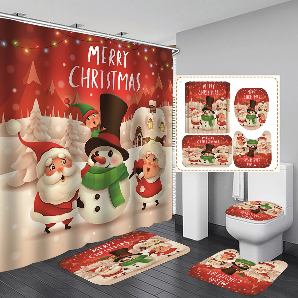 US Christmas Snowman Shower Curtain Bath Mat Pedestal Toilet Lid Seat Rug Cover