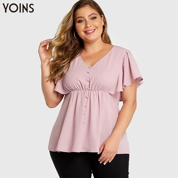 

YOINS Women Summer Blouse V-neck Button Front Ruffle Sleeves 2020 Women Elegant Short Sleeve Shirt Basic Tunic Plus Size Pink
