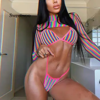 

new 3 Pcs Rainbow Stripped Swimsuit Female Gradient Sexy Swimwear Women Bathing Suit Monokini Bikini 2020 Summer Beach Wear