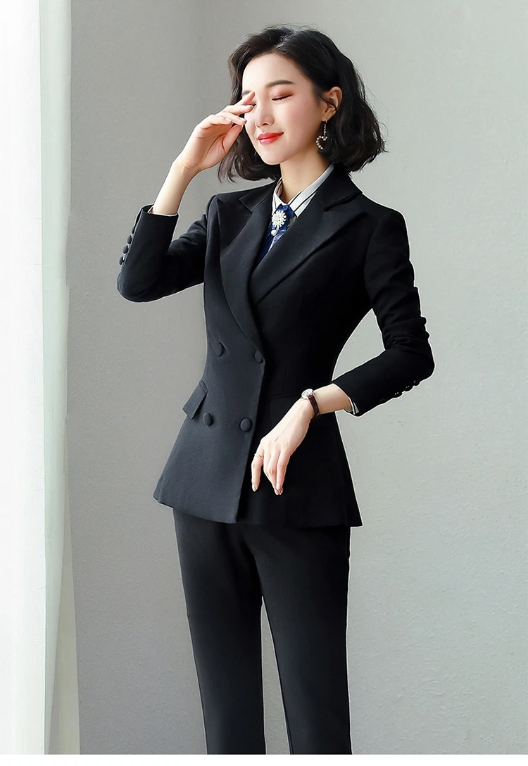 Костюмы для женщин, двубортный Блейзер, комплект из двух предметов, элегантная Офисная Женская одежда, официальная деловая Рабочая Черная форма, большие размеры