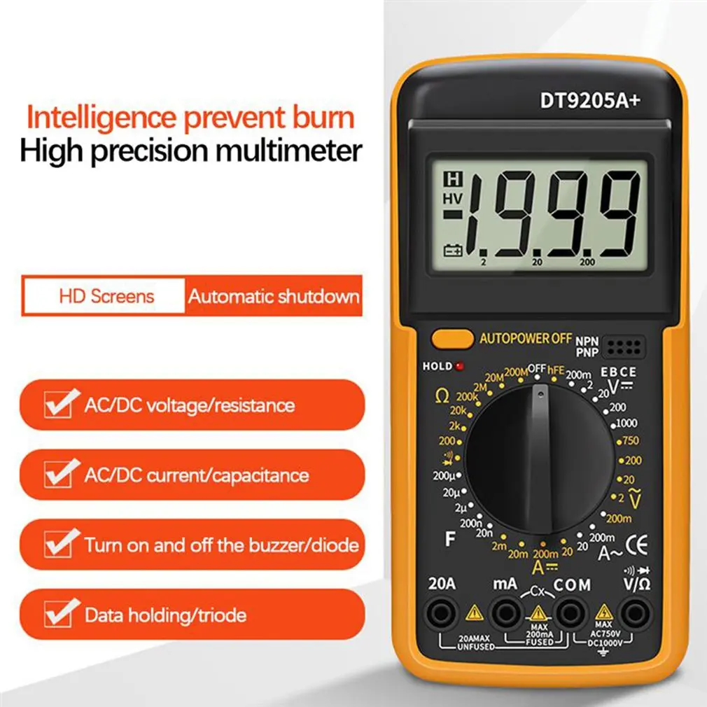 DT9205A Digital Multimeter DC Current And Voltage Instruments Smart Display Universal Meter With Backlight | Инструменты