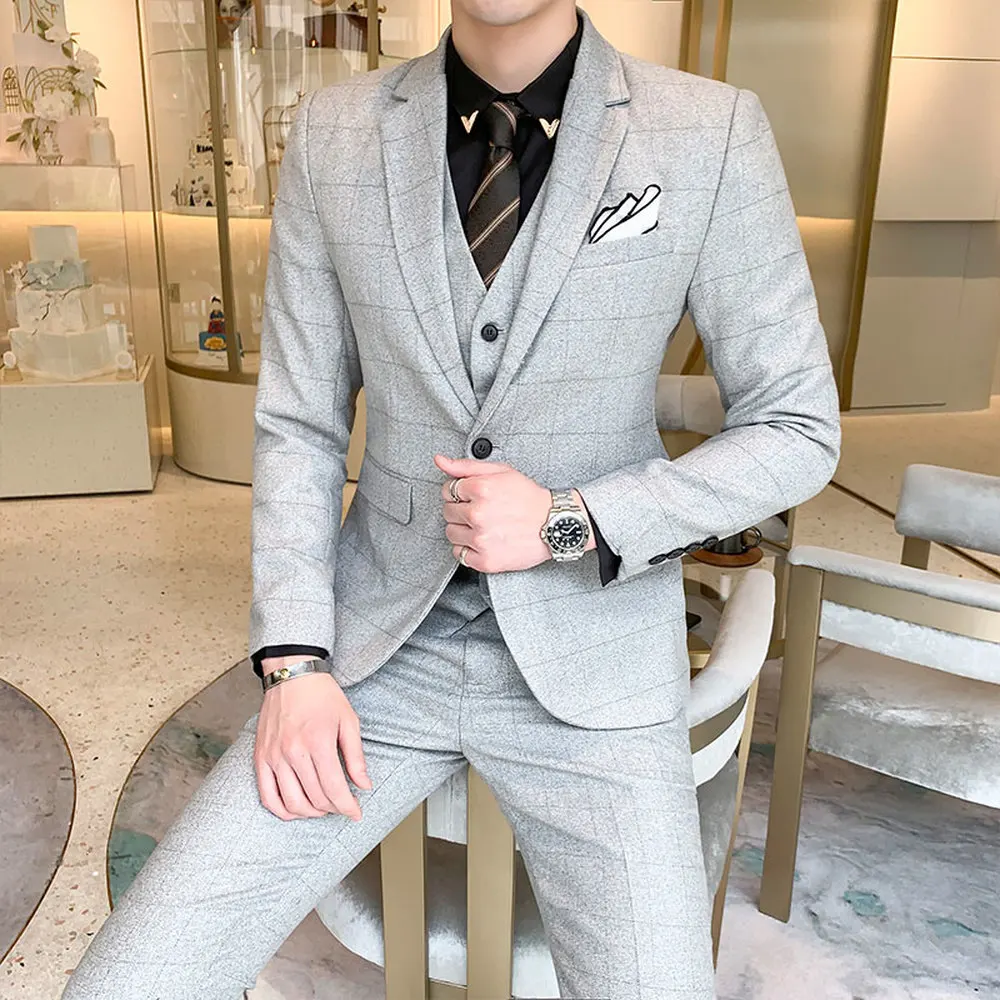 Cena 2019 nowych mężczyzna plaid trzyczęściowy zestaw (kurtka + spodnie + kamizelka) M 5XL wesele mężczyzna strój biznesowy garnitury Blazer wąski krój