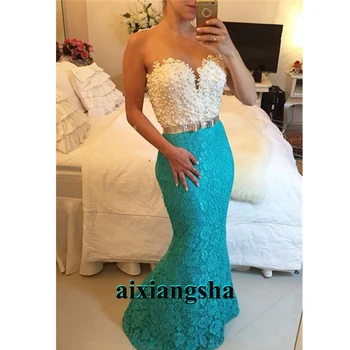 

Aixiangsha Ivory Turquoise Lace Evening Dresses Pearls Bow Prom Celebrity Robe De Soiree Wedding Graduate Party Gown