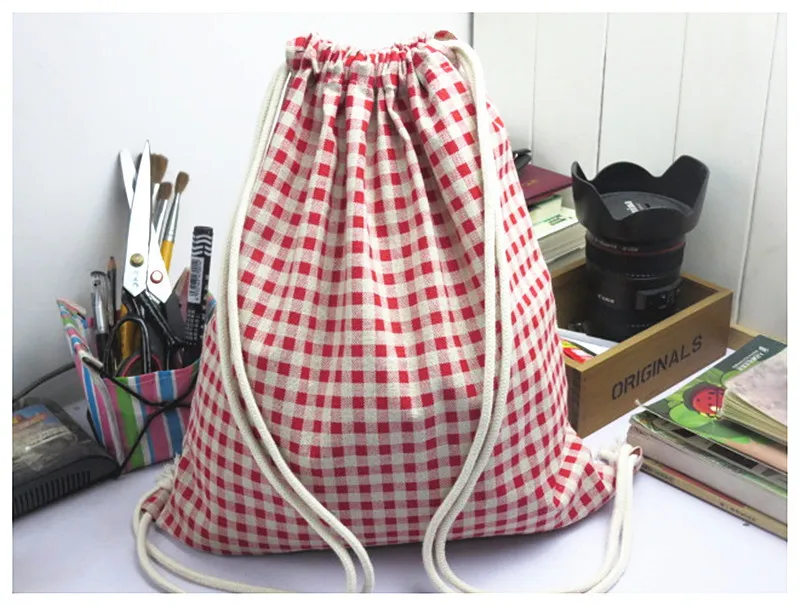 

Red Plaid Cloth Drawstring Bag Back Drawstring Top Female Backpack Casual Cloth Bag Backpack