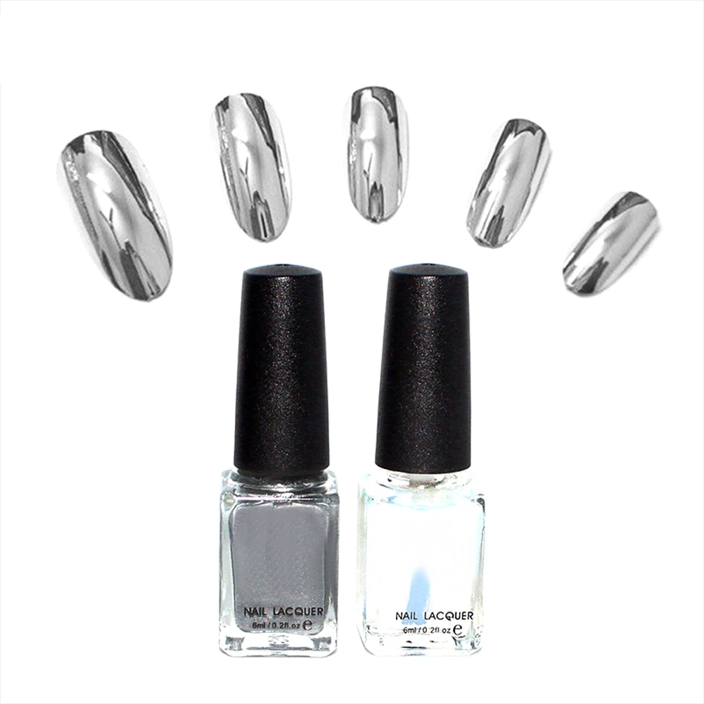 

2 Pcs/set 6ml Silver Mirror Effect Metal Nail Polish Varnish Top Coat Metallic Nails Art Tips Nail Polish