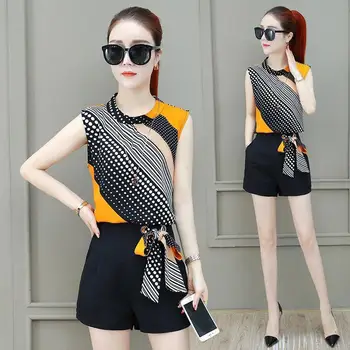 

2020 Summer Women's 2 Piece Print O-Neck Chiffon Blouse Top + High Waist Shorts Female Casual Slim Two Piece Sets Outfits L87
