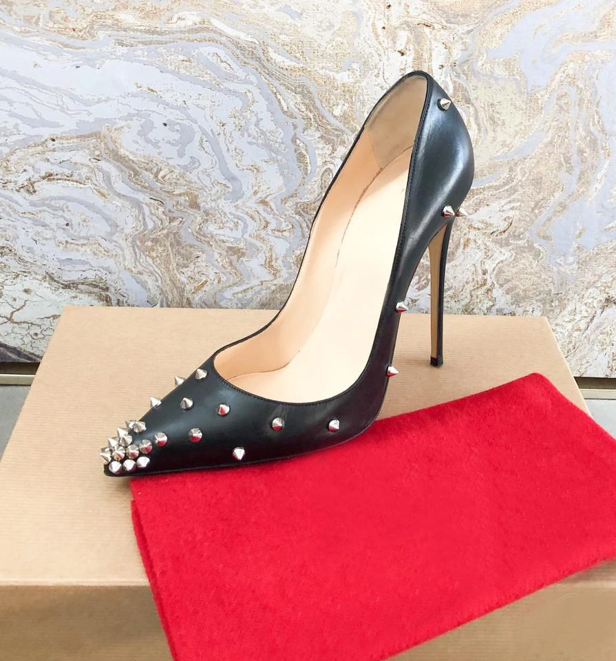 

Sexy lady fashion women shoes black matt leather spikes rivets pointy toe stiletto stripper High heels pumps party shoes size 44