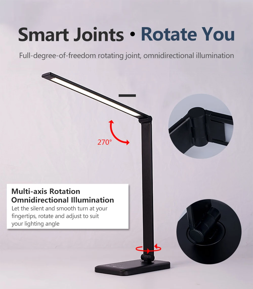 New Rotatable LED Desk Lamp 3 Modes 5 Dimmable Levels Touch USB Rechargeable Reading Light Eye-prot