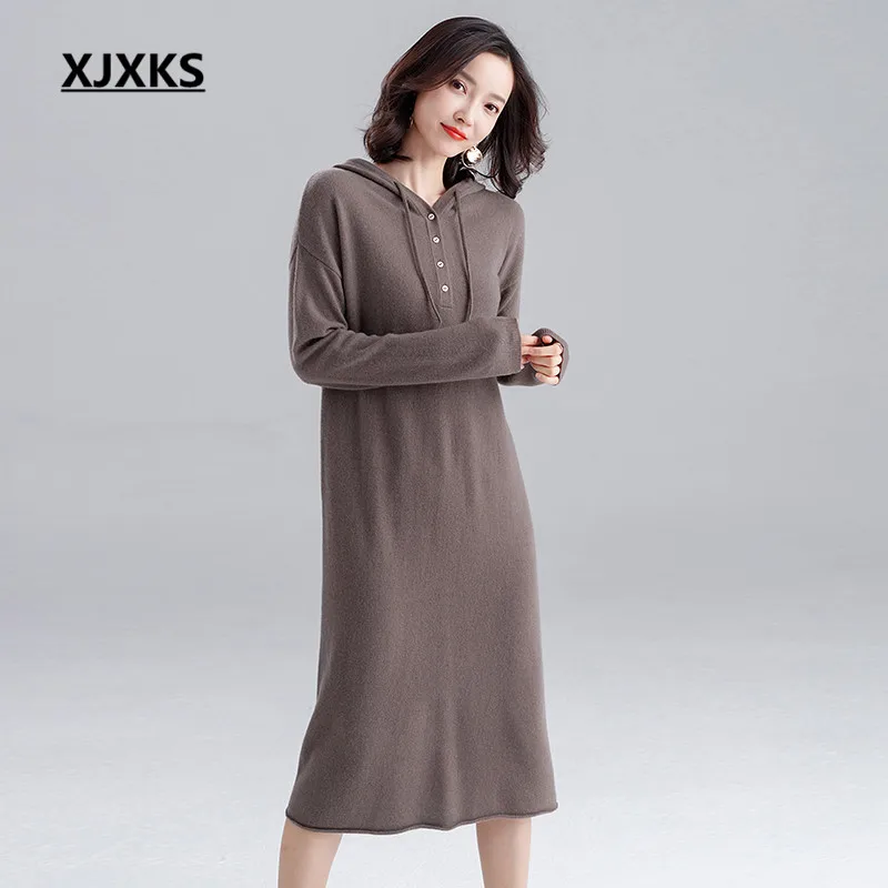 XJXKS wool knitted dress women pullover autumn winter new fashion hooded loose plus size casual women long sweater