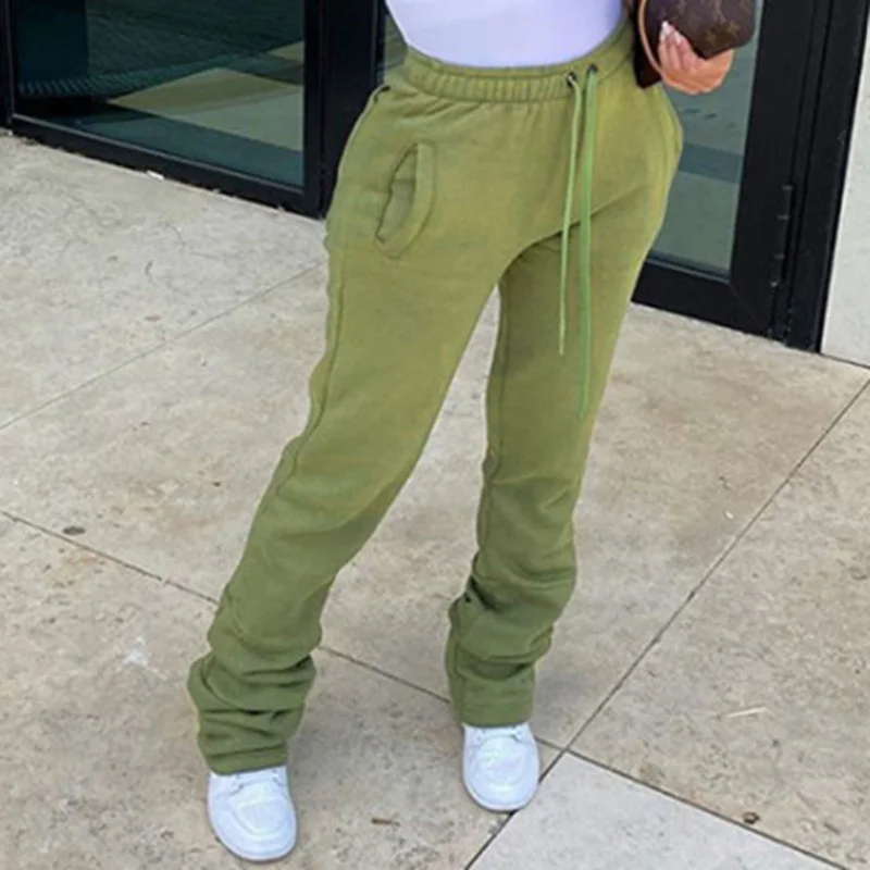 

Solid Color Sweatpants for Women Urban Style Casual Stacked Elastic Waist Long Pants Warm Thick Streetwear for Winter 2021 NEW