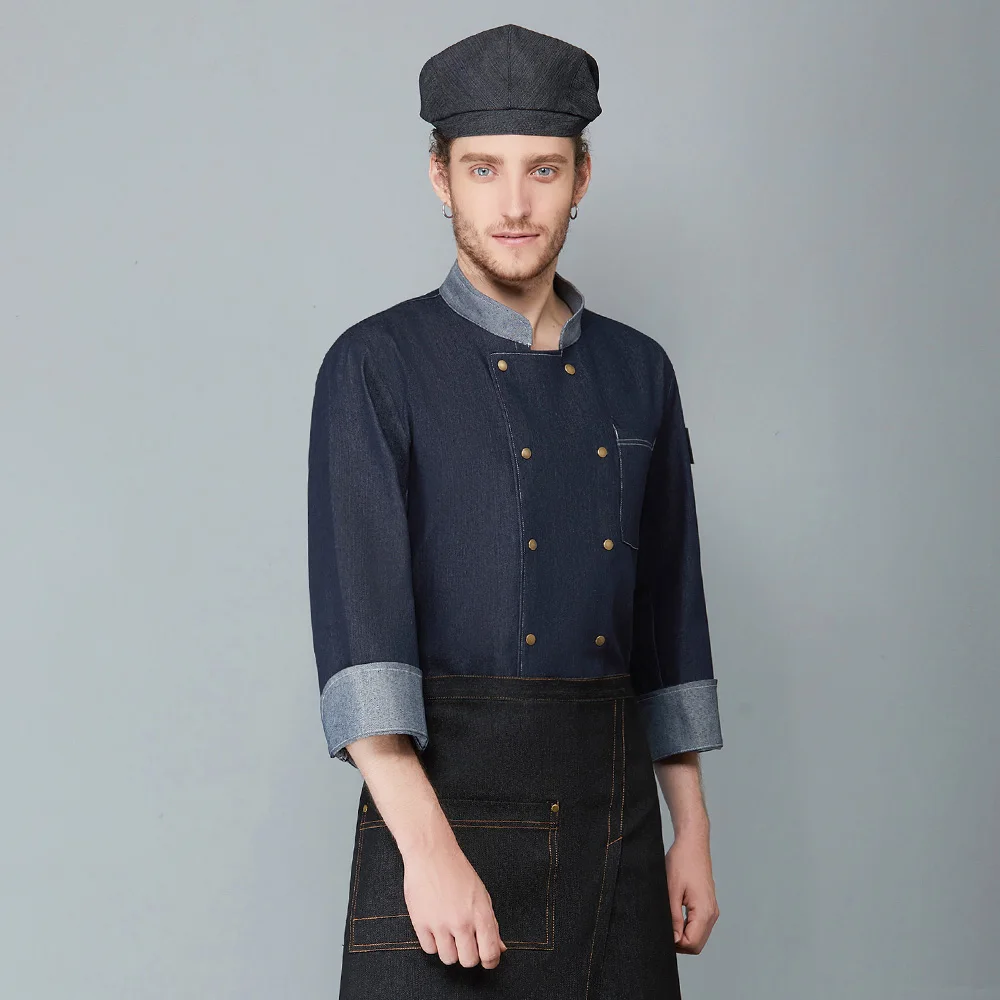 Если еда обслуживание с длинными рукавами из джинсовой ткани Рабочая одежда шеф-повара униформа для ресторана рубашки отель кухня рабочая одежда суши костюм плита пальто - Цвет: Dark blue