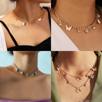 

Sequin Star Butterfly Drop Necklace Double Layer Clavicle Chain For Women Butterfly Rhinestone Pendant Necklace Jewelry gift