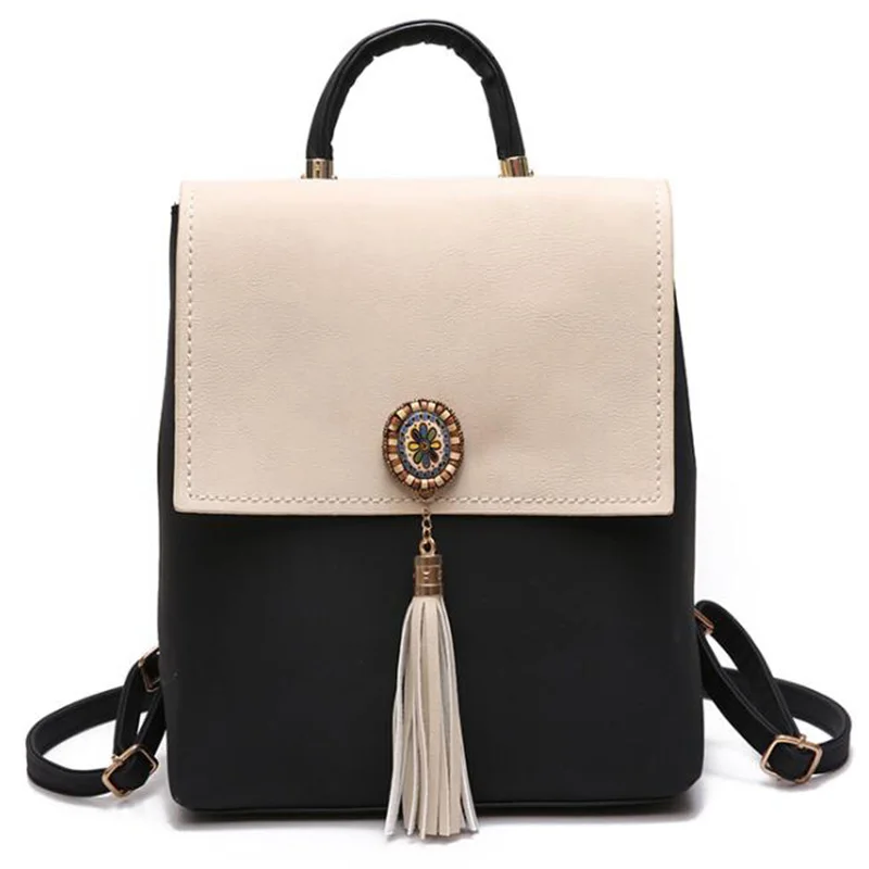 

ABZC-Contrast Tassel Pu Backpack Multi-Function Big Bag Simple Fashion One-Shoulder Dual-Use Bag Casual Wild Backpack