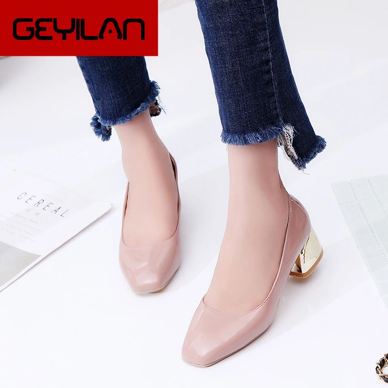 

Women's Shoes 2019 New Shallow Mouth With Fashion Pu Sets Of Feet Solid Color Shoes Square Head High Heel Beige Black Pink Blue