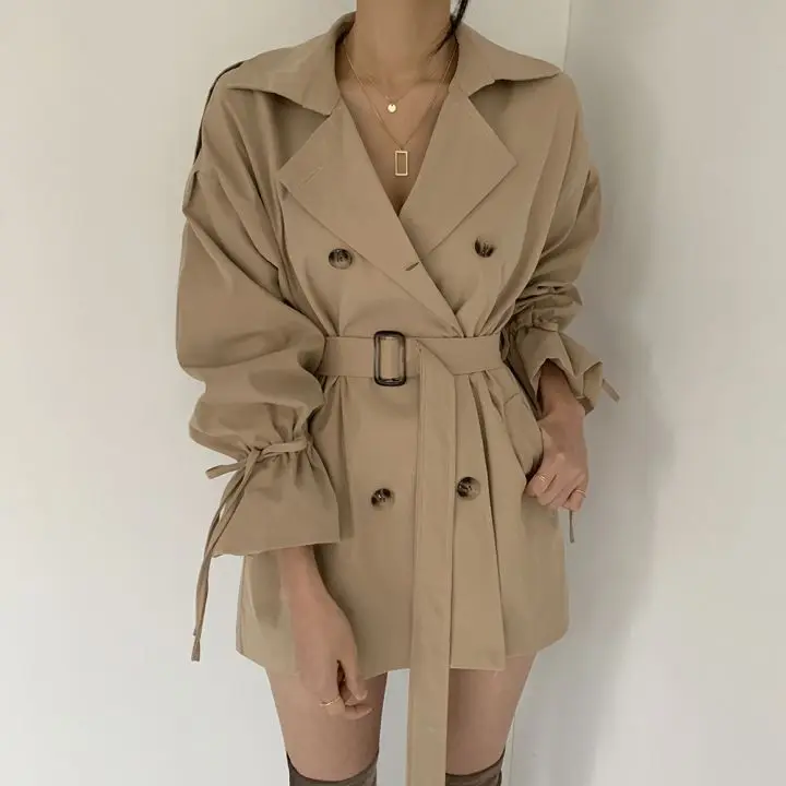 

2020 Spring Clothing New Style South Korea Funny of GIRL'S Large Lapel Lace-up Bell Sleeve Double Breasted Trench Coat Coat
