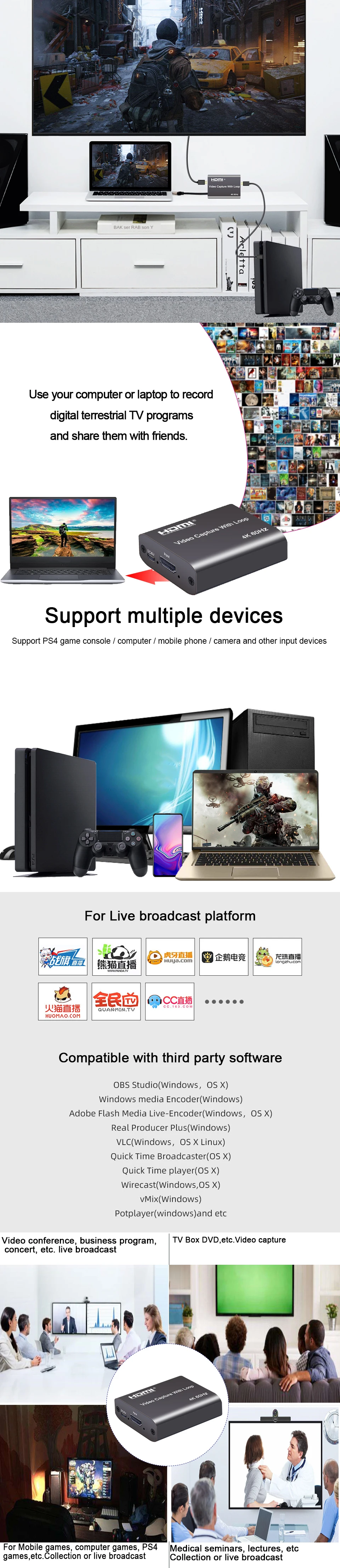 Description Picture 5 of item4K 60hz Loop Out HDMI Capture Card Audio Video Recording Plate Live Streaming USB 2.0 1080p 60HZ Grabber for PS4 Game DVD Camera