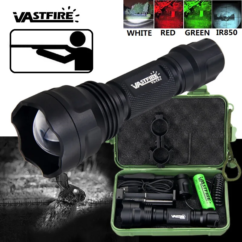 150 yard Zoomable White Light Torch 500 Lumens Adjustable Focus LED Tactical Flashlight with Remote Pressure Switch 18650 Rechargeable Battery Charger Included