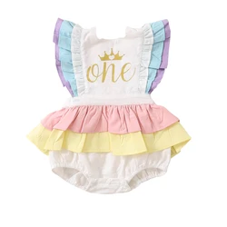 2021 Baby Girl Birthday Outfit Sleeveless Cute Rainbow Bodysuit Cake Smash Backless Ruffles Clothes Newborn 1st Birthday Clothes