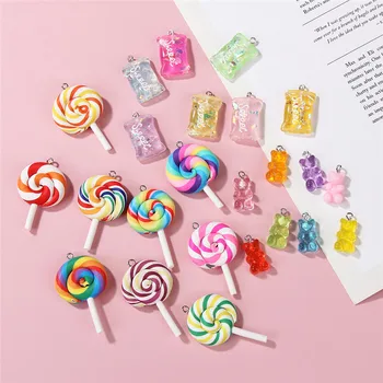 

24pcs/lot Colorful Lollipop Sweet Candy Resin Bear Charms Jewelry Making For Handmade DIY Keychain Necklace Jewelry Gift