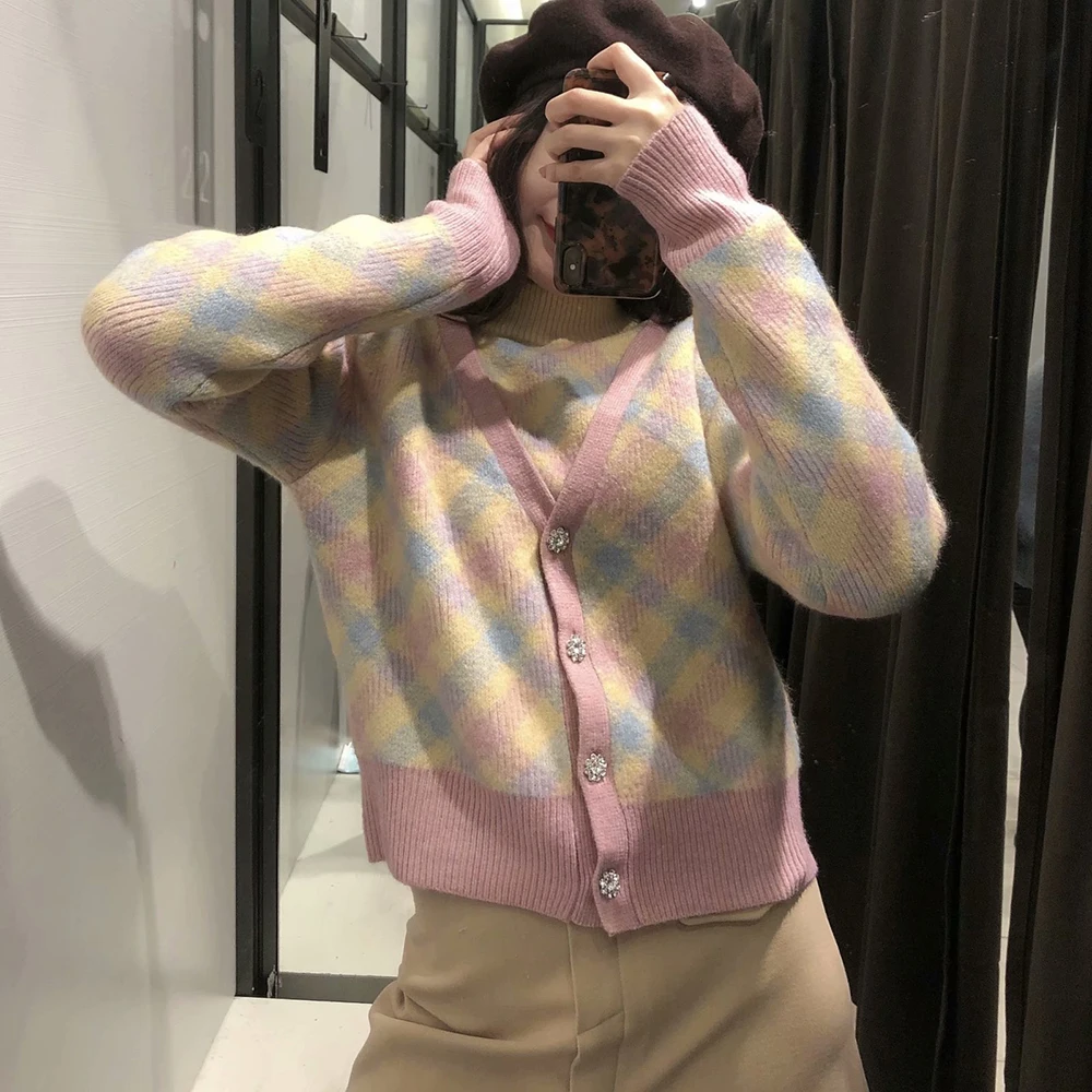 

Rainbow Cute Vrouw Truien Pull Femme Chandails Ropa Mujer Kobieta Vetement Long Sleeve Argyle Knitted Woman Sweaters Cardigan