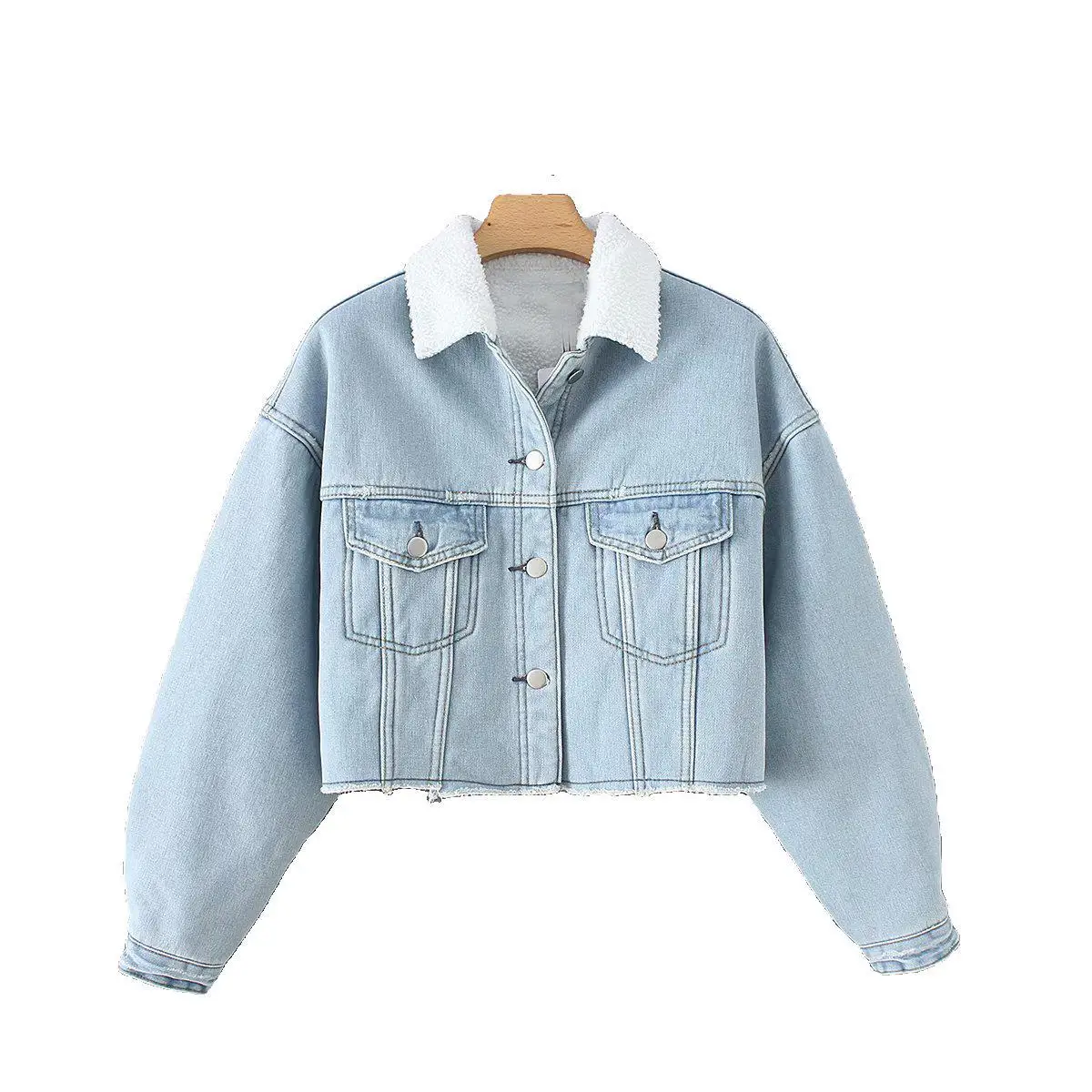 

Europe And America WOMEN'S Dress 2019 Autumn & Winter New Style Fold-down Collar Flash plus Velvet Cowboy Jacket Women's