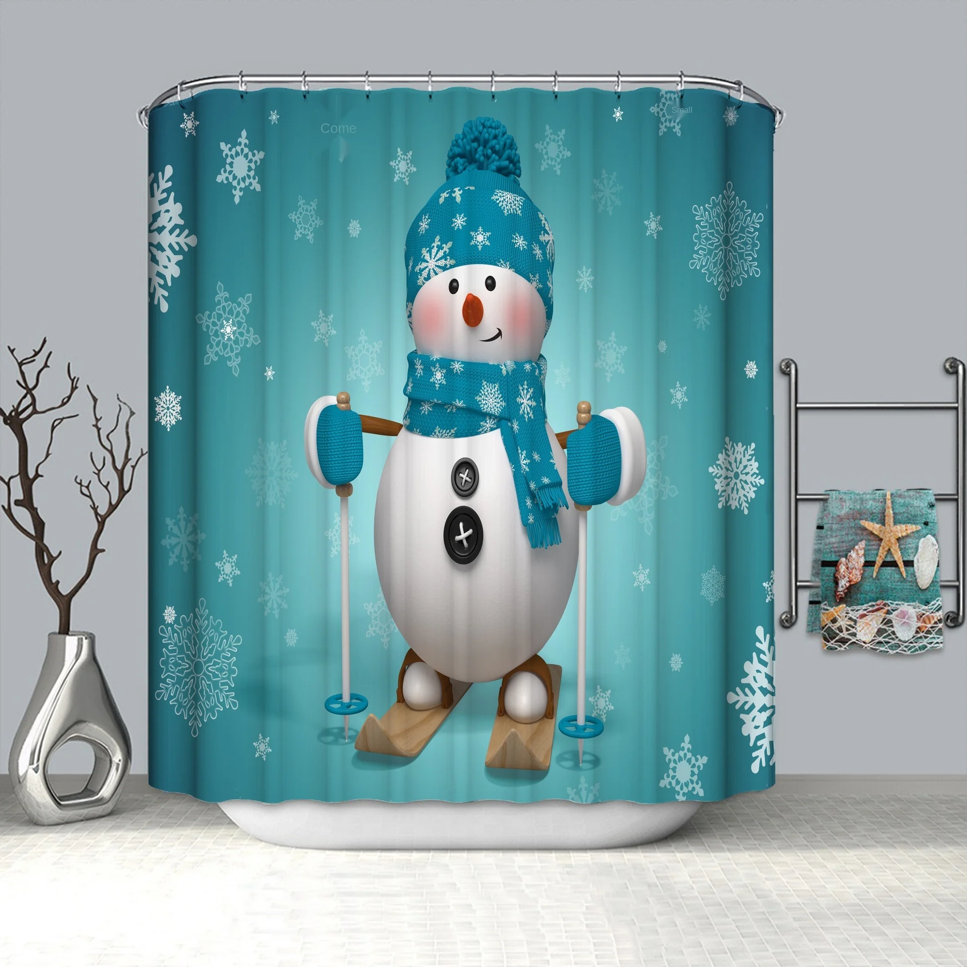 Cortina de baño impermeable con estampado Digital de muñeco de nieve, serie navideña, azul, diseño moderno, ideal para Baño
