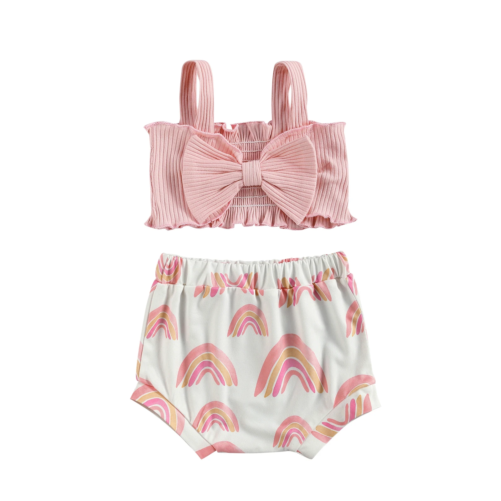 newborn baby clothing set Baby Girl 2Pcs Summer Clothes Set, Solid Color Big Bow Decoration Short Ribbed Tank Tops with Rainbow Printed Triangle Shorts new baby clothing set	 Baby Clothing Set