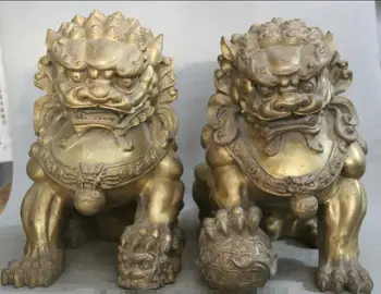 

zhaorui4884361+ +16" Chinese Brass Door Son Ball Animal Fu Foo Dog Guardion Lion ball Statue Pair