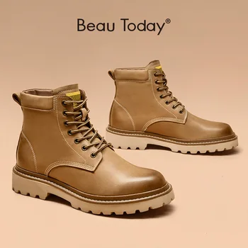 

Ankle Boots Men Genuine Cow Leather Waxing Polished Lace-Up Round Toe Daily Wear Male Shoes Light Handmade BeauToday 54125