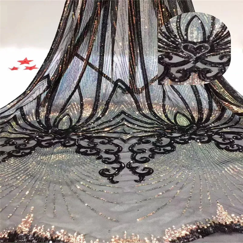 

Black Color Sequins Net Lace Fabric 2019 High Quality African Mesh Wedding Bride Dress Sewing Sequined Embroidered Material