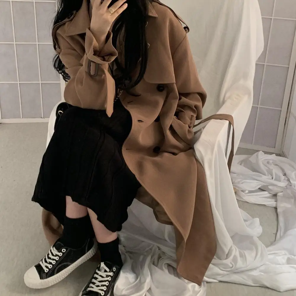 Длинный рукав осенний модный Тренч Femme однобортный обычная, высокая, на выход ветровка винтажное длинное пальто для женщин
