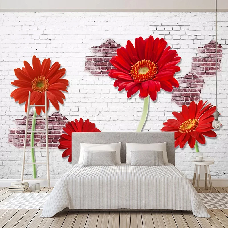 Настенная 3D Роспись стереоскопическая белая кирпичная стена красные цветы