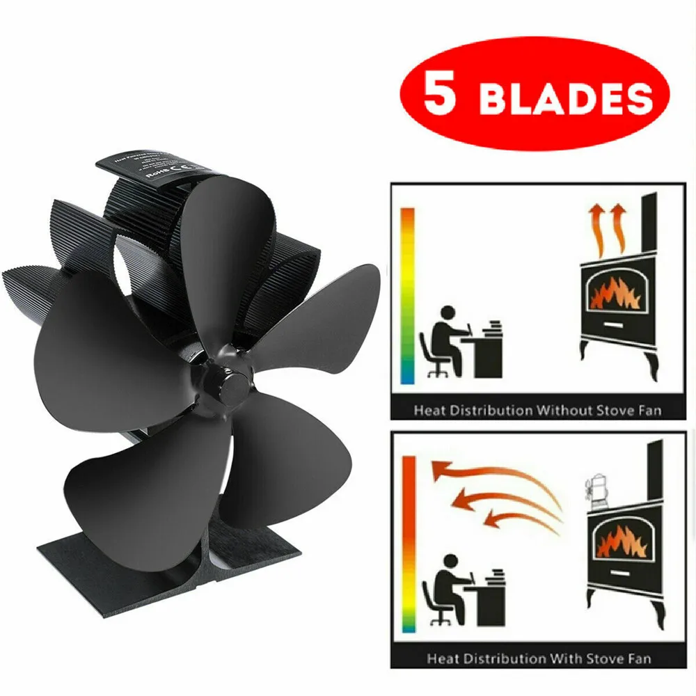 5 лопастей вентилятор для печи, работающий от тепловой энергии бревна деревянная горелка Ecofan тихий черный Домашний Вентилятор для камина эффективное распределение тепла